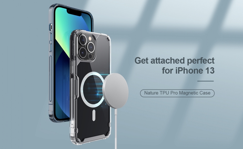 Ốp Lưng iPhone 13 Pro Trong Suốt Hiệu Nillkin Nature TPU Pro Magnetic dạng chống sốc có tích hợp magsafe, 4 phần của góc ốp dầy nhô cao khả năng bảo vệ máy cực kỳ hiệu quả